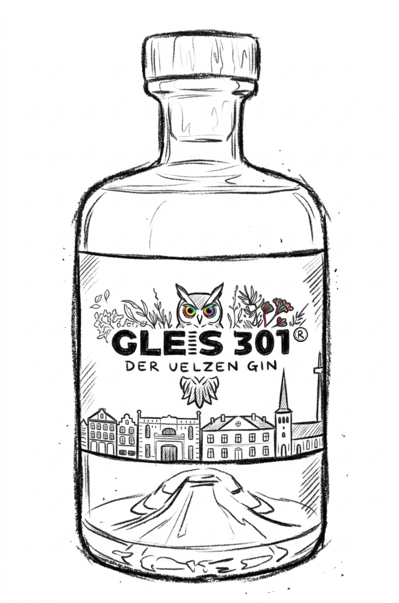 Skizze von der Gleis 301 Gin Flasche